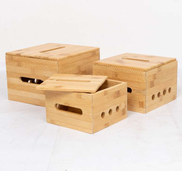 Set of 3 Eco friendly Bamboo Wood Box with lid ideal for Kitchen Organization Storage or Pantry Organization