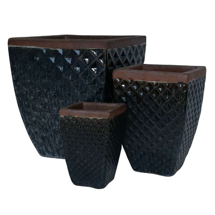 Set of 3 glazed terracotta pots